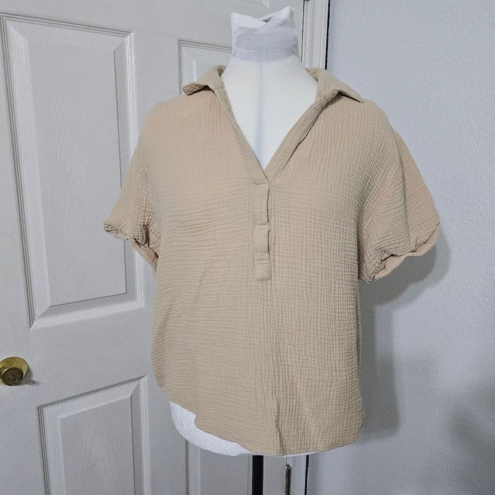 Magaschoni Organic Cotton Crop Top L Cream Crinkle Gauze Muslin Coastal Beach
